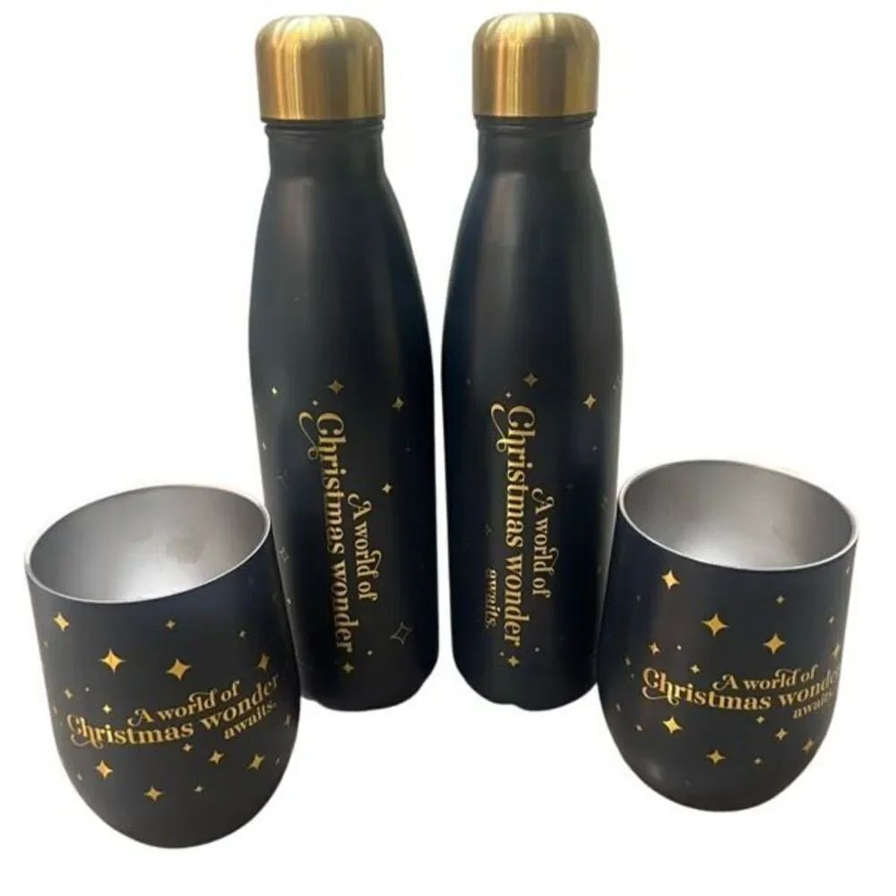 Set of 2 Enchant Christmas Insulated Stainless Water Bottle & Cup Black Gold NWT